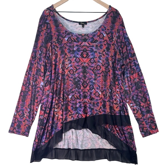 CUPIO Women’s‎ MultiColor Geometric Asymmetrical Hem Sheer Trim Top 2X - Picture 1 of 12